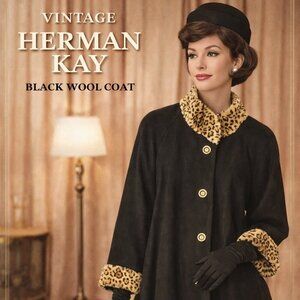 Herman Kay Black Wool Coat w/ Leopard Collar & Cuffs | Vintage Classic Size M/L